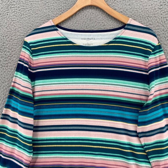 Talbots Top Womens Large Green Multi Striped Long Sleeve Stretch Pullover Tee - Picture 2 of 11